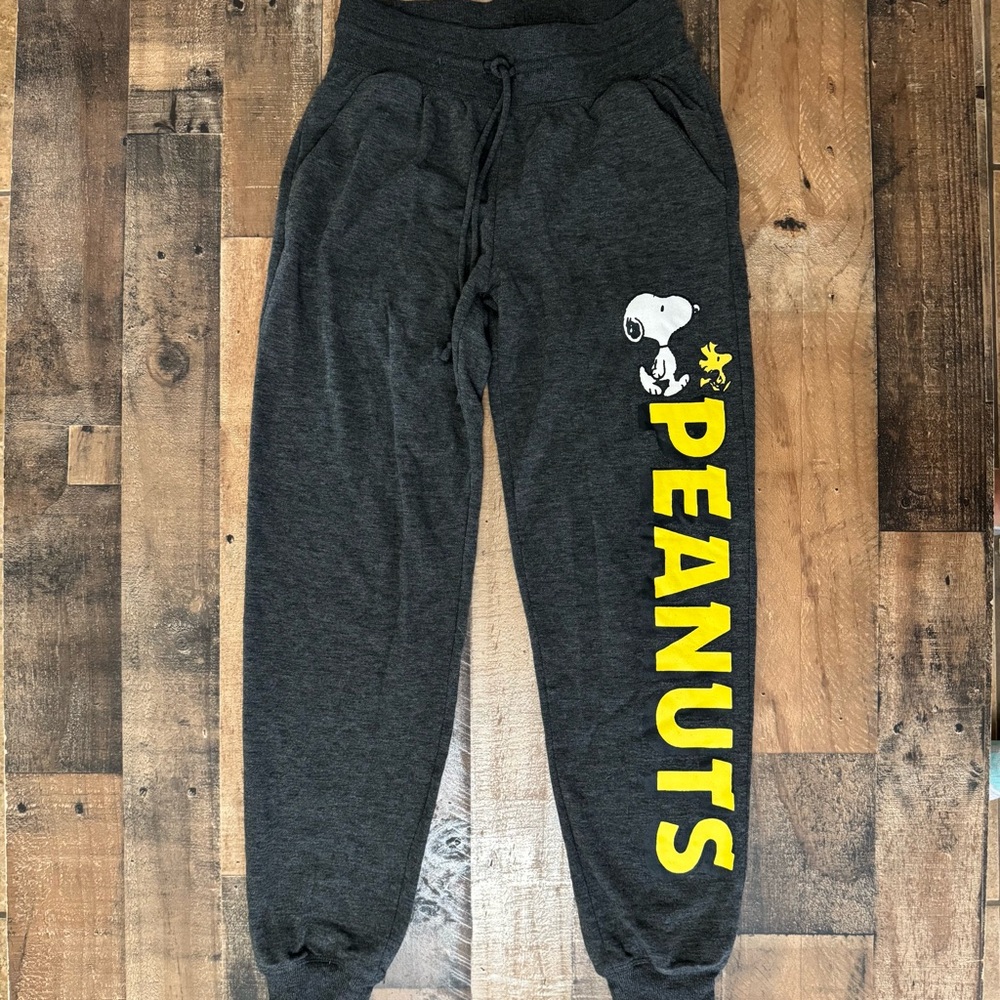 Peanuts Snoopy Joggers XS Charcoal Gray Drawstring Pants Woodstock Pockets